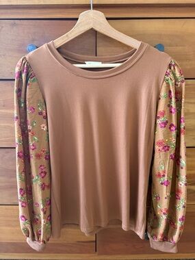 Les Amis Womens Brown Floral Puff-Sleeve Top